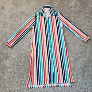 LuLaRoe Women X Small Long Sleeve Colorful Stripe Buttons Asymmetric Shirt Dress
